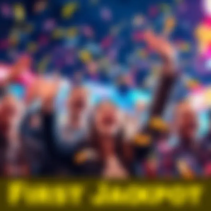 People celebrating after winning the first jackpot in a month, with joyful expressions and confetti in the air.