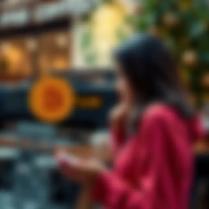 A woman stands in front of a Starbucks, contemplating a choice between a cup of coffee and a Bitcoin symbol representing $60,000.