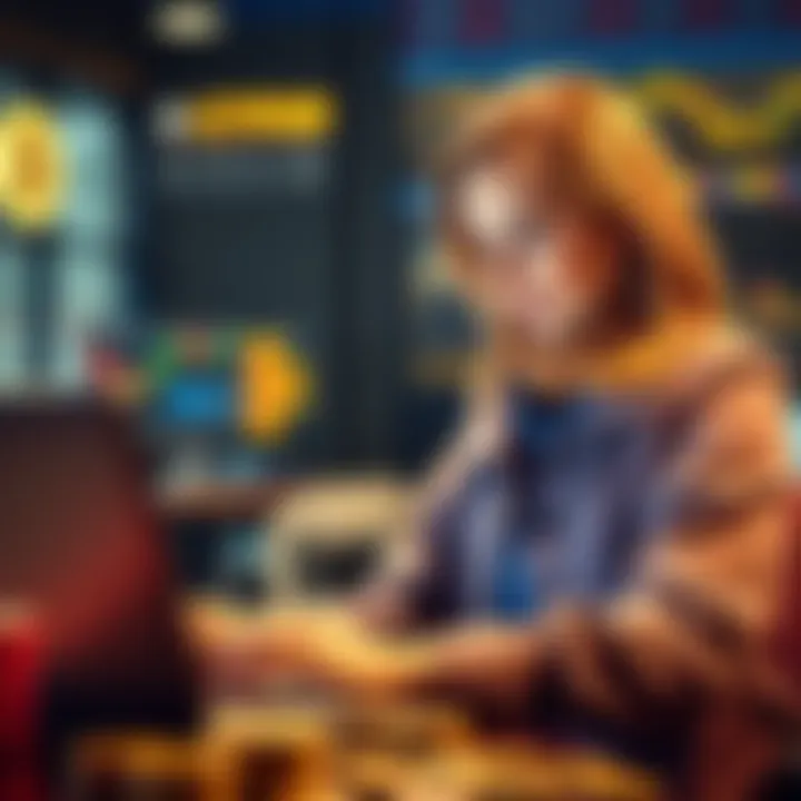 A 38-year-old woman reviewing cryptocurrency charts and financial data on her laptop, considering investing her retirement savings.