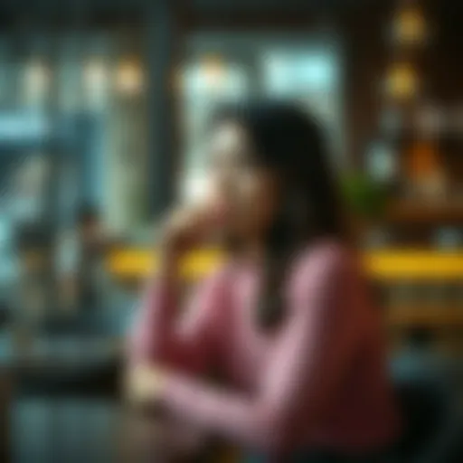 A woman sitting thoughtfully in a cafe, examining her views on relationships and partnership