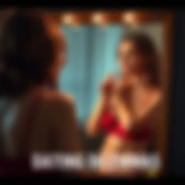 A woman looking thoughtfully at her reflection in a mirror, holding a bra in one hand and expressing concern about her appearance while preparing for a date