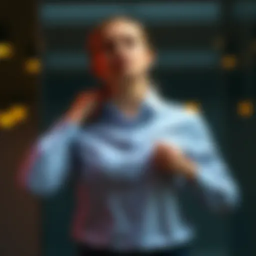 A woman trying on a button-up shirt, looking for the right fit, showcasing difficulties with larger bust sizes.