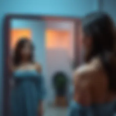 A woman stands in front of a mirror, examining her reflection with a confused expression, representing body image distortion and struggles with self-image.