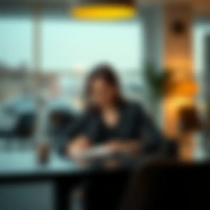 A woman sitting at a table, looking thoughtful while writing in a journal, symbolizing career reflection after losing a job.