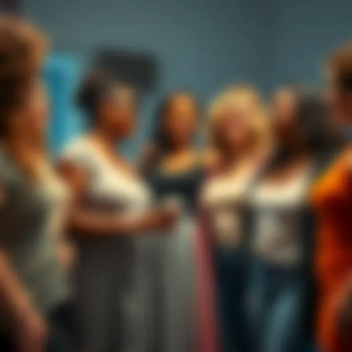 A group of diverse women of different sizes and shapes having a supportive conversation about body image and confidence.
