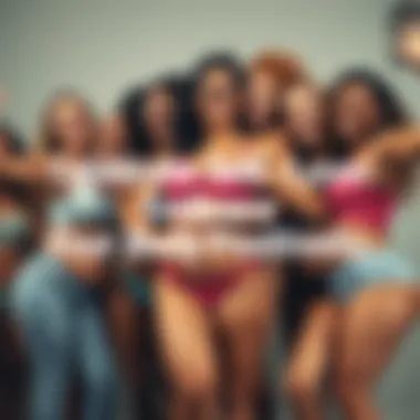 Group of women joyfully embracing their bodies, showcasing confidence and self-love, with smiles and uplifting expressions.