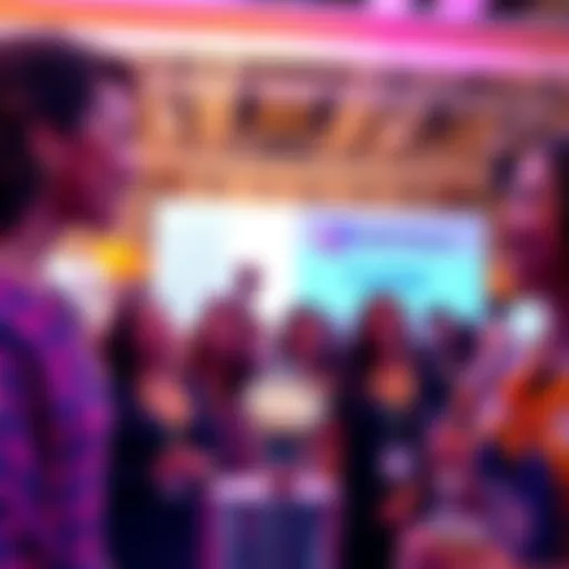 A group of women joyfully participating in a crypto event, with banners and a Cartier bracelet prize on display
