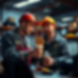 A plumber and a mechanic discussing Bitcoin investment over a coffee, symbolizing everyday workers embracing cryptocurrency.