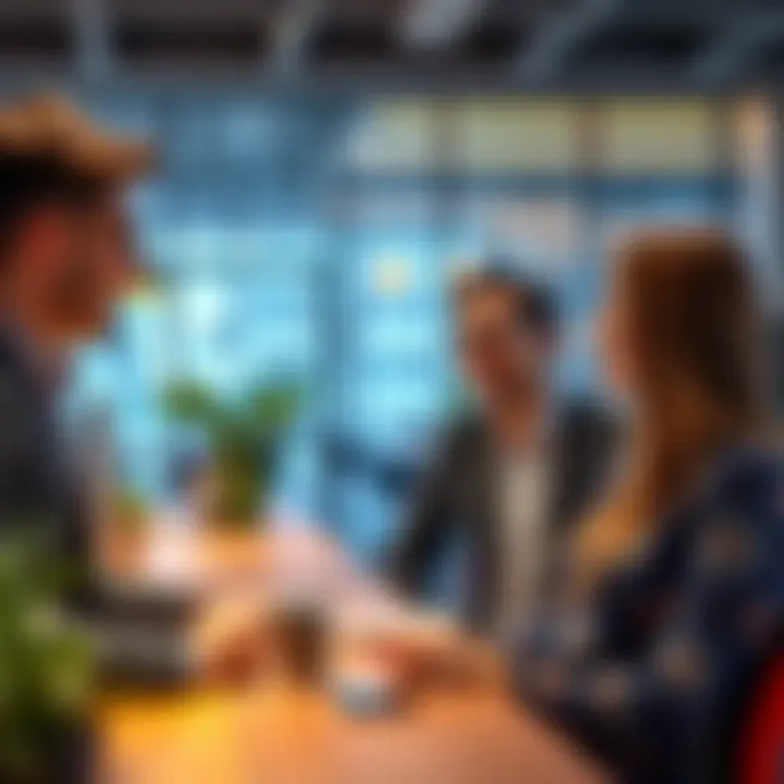 A candidate discussing experiences in a modern office setting at Revolut HR with colleagues