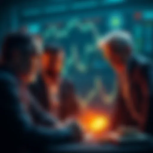 Concerned Bitcoin investors looking at a chart showing falling prices and discussing their next move amid tax worries.