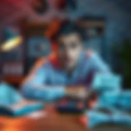 A person with a concerned expression, sitting at a desk with bills and a calculator surrounding them, contemplating their financial situation.