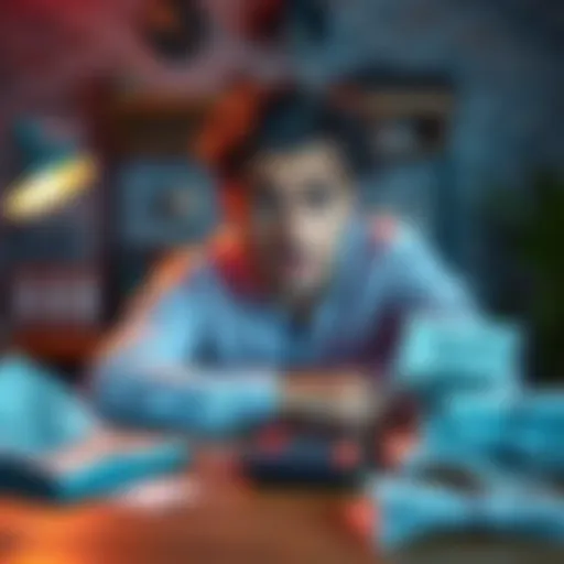 A person with a concerned expression, sitting at a desk with bills and a calculator surrounding them, contemplating their financial situation.