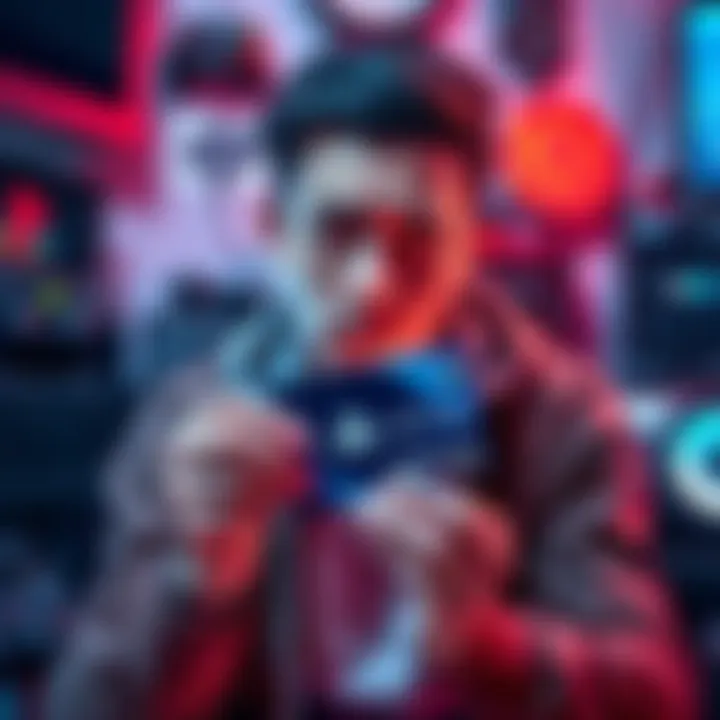 A player looking worried while holding a PSN gift card, surrounded by gaming equipment