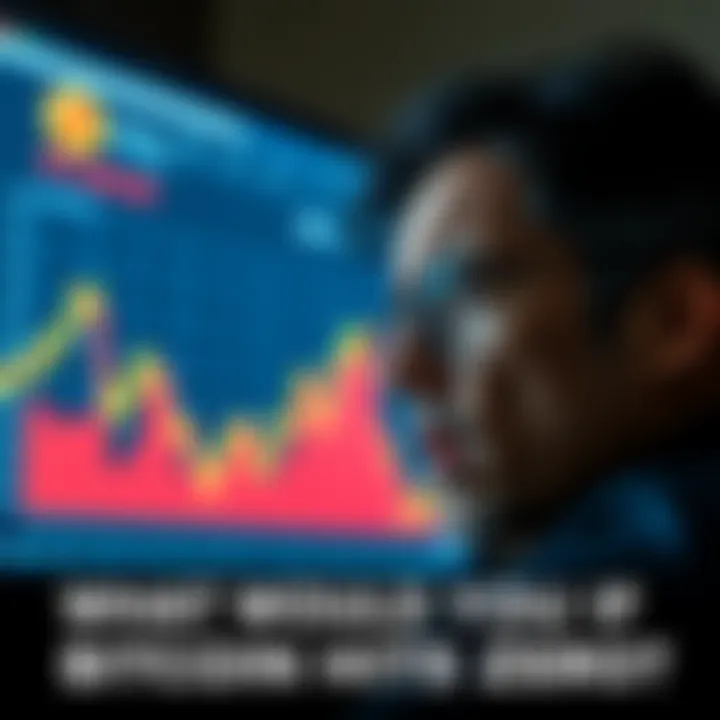 A concerned individual watches a declining Bitcoin graph on a screen, symbolizing the potential crash of cryptocurrency.