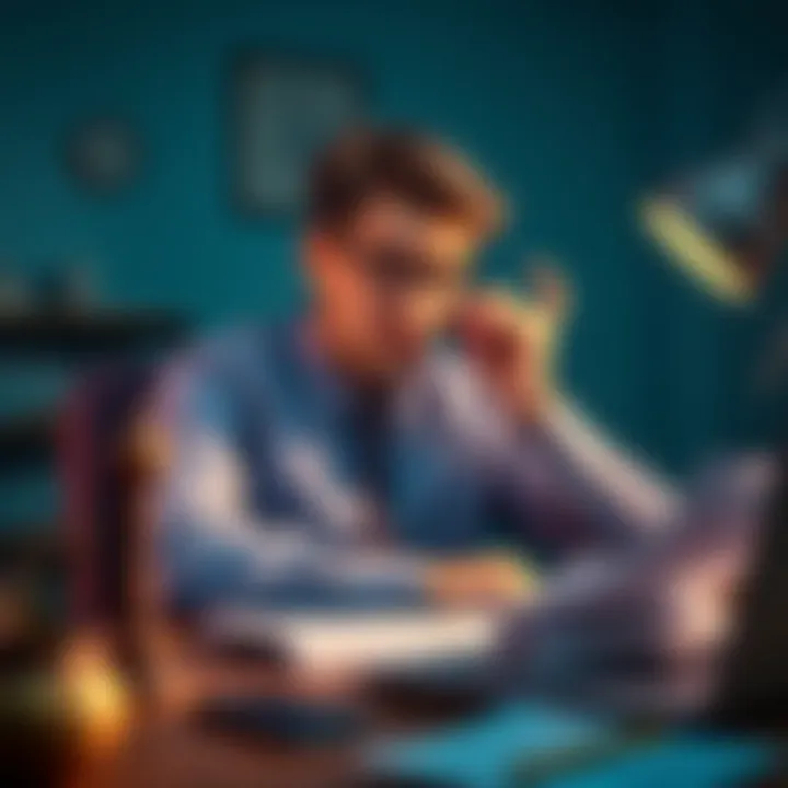 A person sitting at a desk with bills and financial documents, looking concerned about their investments, symbolizing the risks of Ponzi schemes.