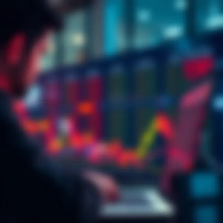 A person with a concerned expression staring at a laptop screen showing declining stock prices, reflecting the stress of market lows.