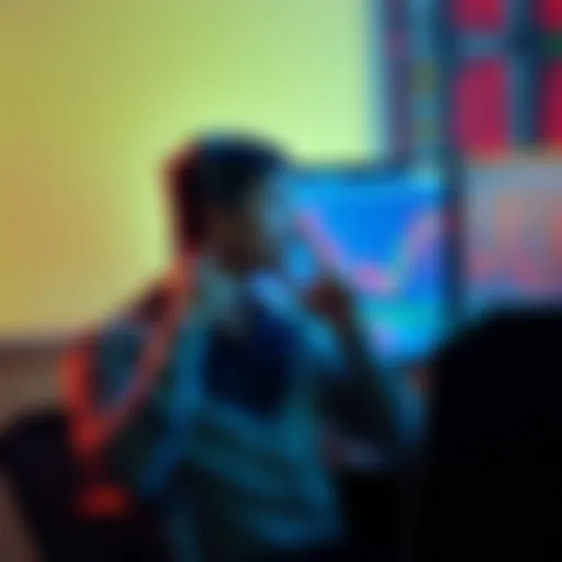 A worried trader sitting in front of a computer screen displaying falling stock prices, illustrating the stress of significant trading losses