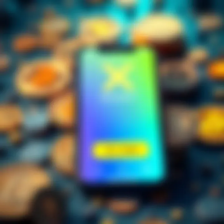 A smartphone screen showing the X Money app with a 6% yield highlighted, set against a backdrop of digital currency symbols