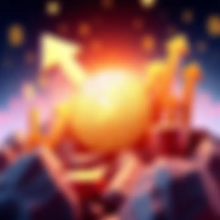 An illustration of XLM coin surrounded by upward arrows and dollar signs, symbolizing potential financial growth and optimism.