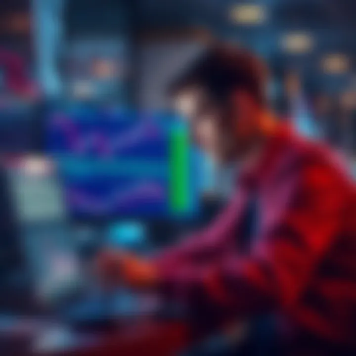 A trader reviewing XLM charts and market news on a laptop, looking focused and ready for market changes