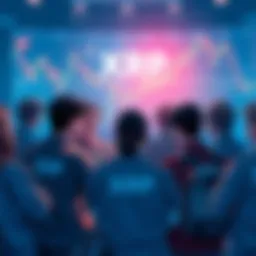 XRP Community Gathering A group of cryptocurrency holders discussing their feelings about XRP, showcasing both frustration and determination, surrounded by charts and graphs of XRP trading.
