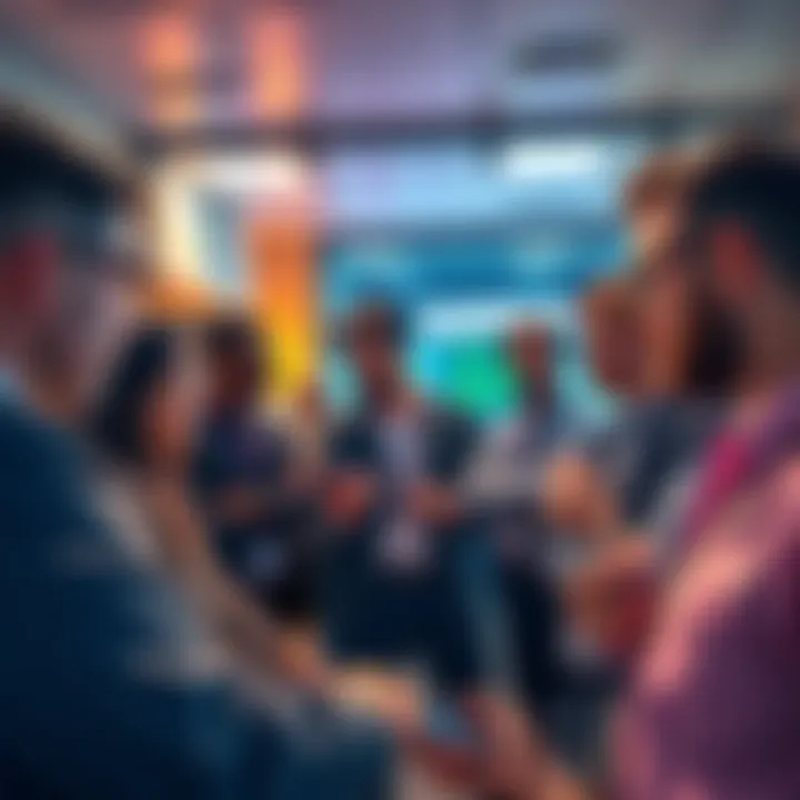 A diverse group of investors discussing XRP in a lively environment