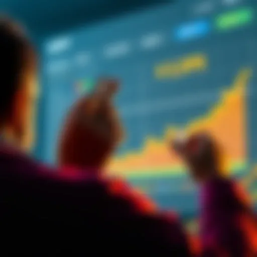 A person contemplating financial success while holding XRP coins and looking at a chart showing growth predictions