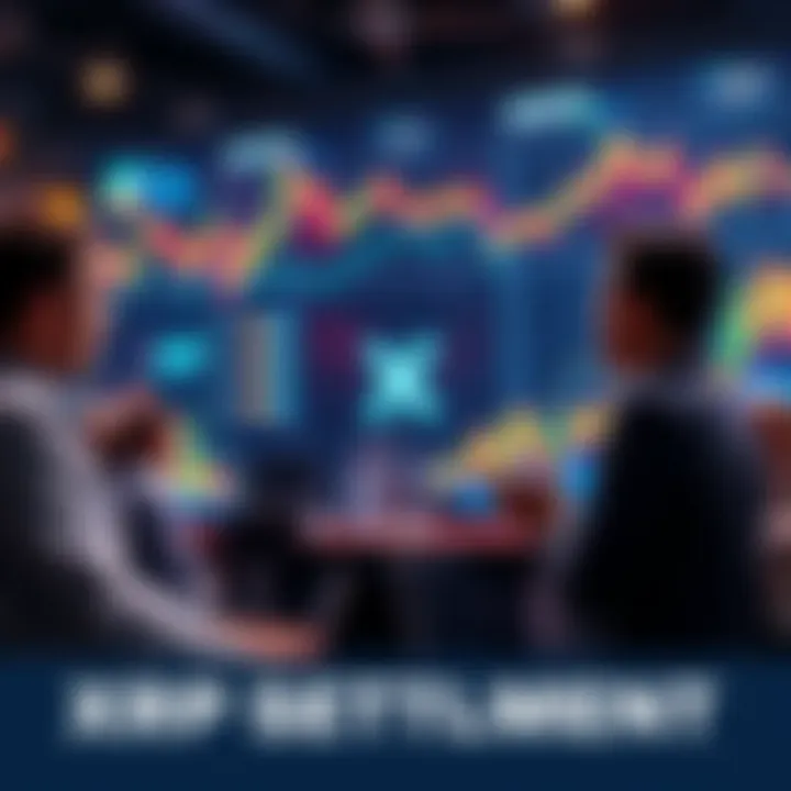 People discussing XRP settlement news with charts and graphs in the background