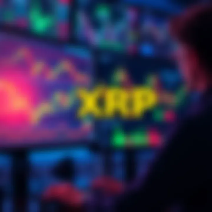 A person analyzing XRP cryptocurrency trends on a computer screen with financial charts and graphs in the background.