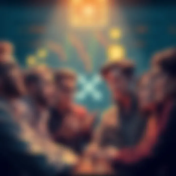 A group of people discussing XRP, some looking worried while others appear optimistic, with charts and crypto symbols in the background.