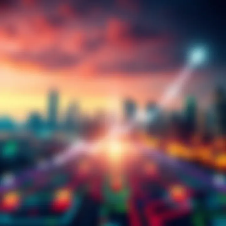 A digital representation of XRP with arrows indicating upward movement and a city skyline in the background, symbolizing adoption and future growth.