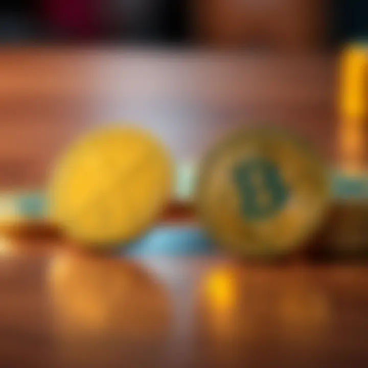 A close-up of XRP and HBAR cryptocurrency coins on a wooden table, representing a financial decision.