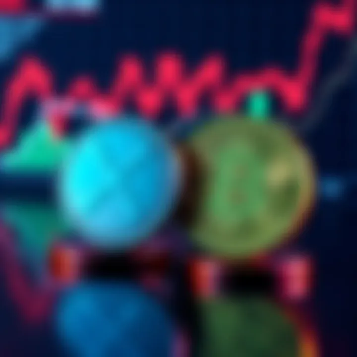 Two cryptocurrencies, XRP and HBAR, symbolizing a comparison for investment potential over 3-5 years, with a chart showing trends in the background.
