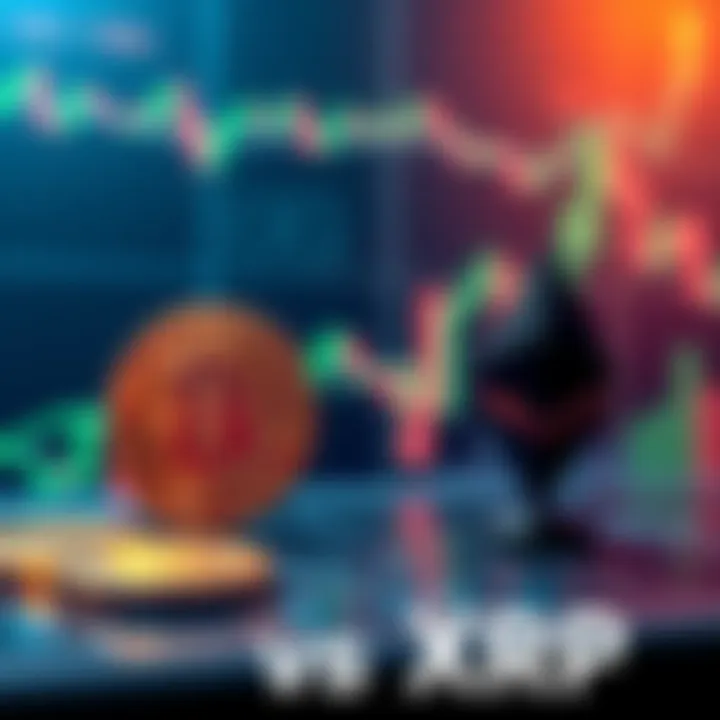 A comparison of XRP's performance influenced by Bitcoin and Ethereum, featuring crypto charts and arrows indicating market trends.