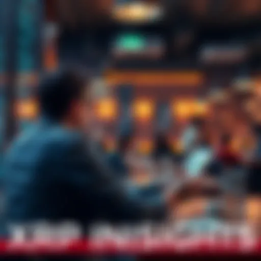 A person looking at crypto charts and discussing XRP potential with others in a coffee shop