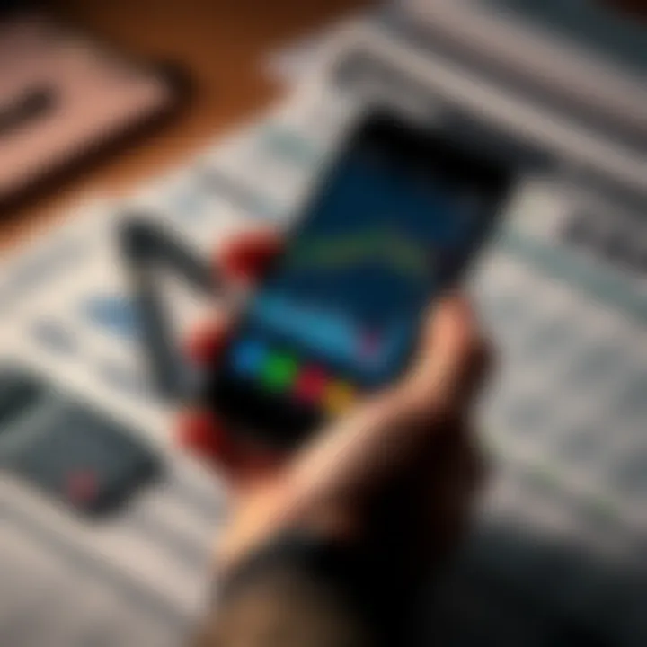 A person holding a smartphone displaying XRP charts while contemplating selling or holding their investment, surrounded by financial documents and a calculator.