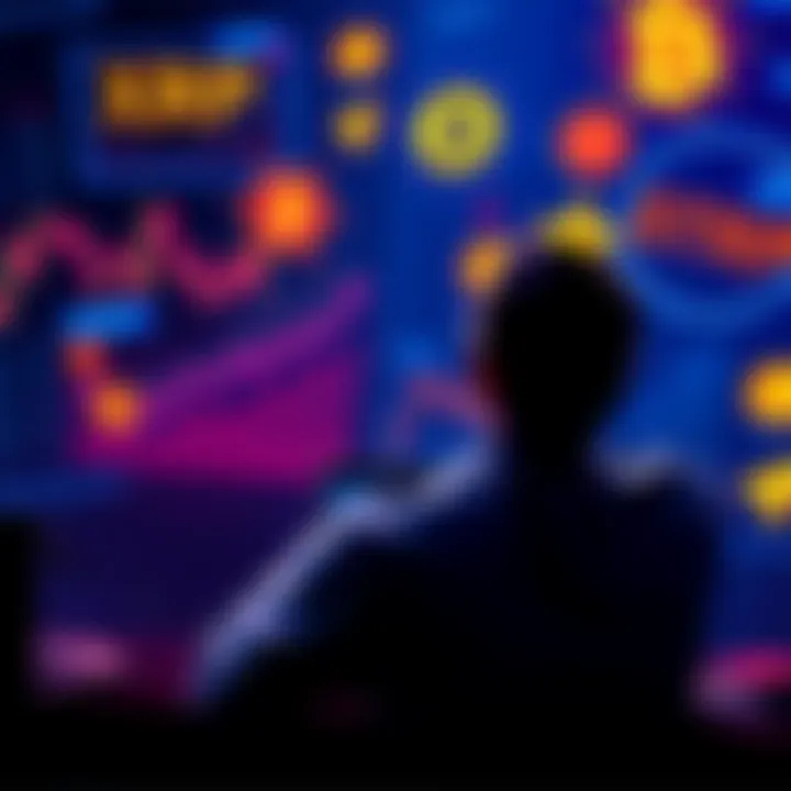 A person analyzing various options for cashing out XRP investments, surrounded by charts and digital currency symbols.