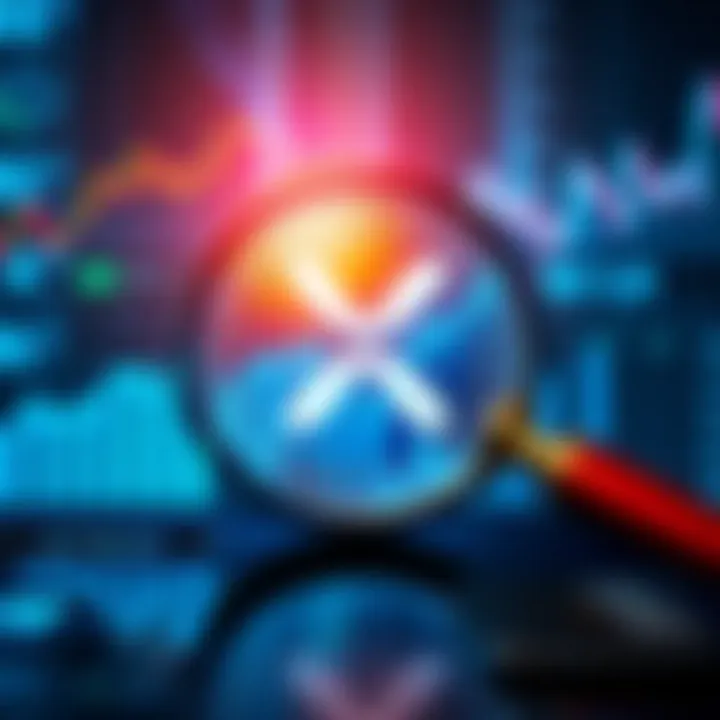 A conceptual illustration highlighting XRP's stagnation amidst Ripple's progress, featuring a magnifying glass over the XRP logo against a backdrop of digital growth and financial charts.