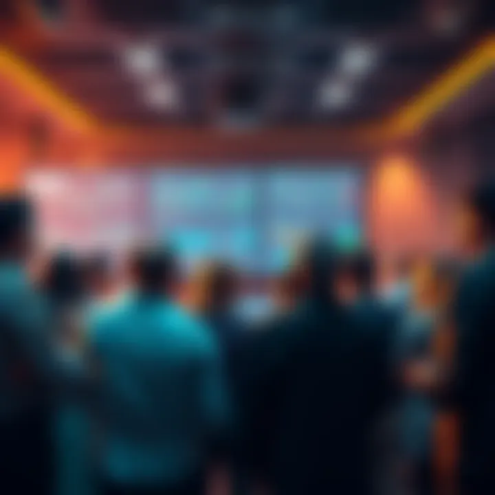 A group of diverse people discussing their views on holding or trading XRP, with charts and graphs displayed on a screen in the background.