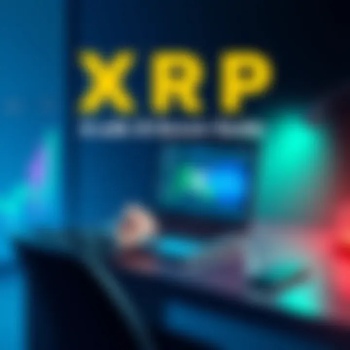 A person using a laptop on a desk to buy XRP on an exchange platform, with a secure lock symbol nearby