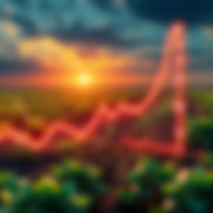 A dynamic graph showing the potential rise of XTZ prices with the backdrop of agricultural imagery symbolizing the Apple Farm program.