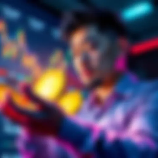 Yeat with Litecoin coins Yeat holding Litecoin coins in one hand while looking confidently at a digital chart showing bullish trends in the cryptocurrency market.