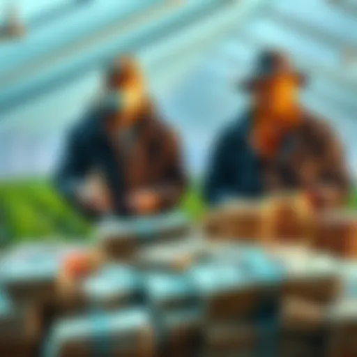 Yield farmers evaluating cash rewards versus token investments, with stacks of cash and tokens in the foreground.