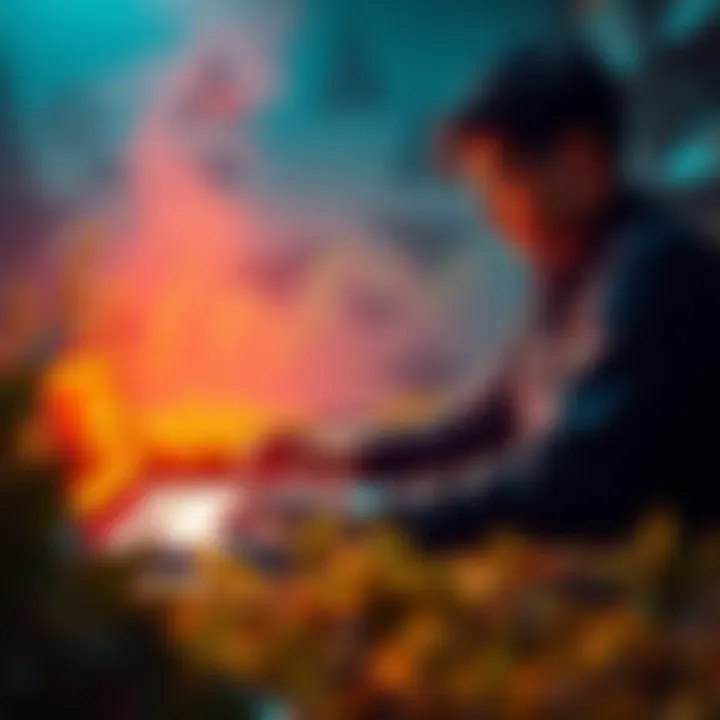 A beginner learning about yield farming in decentralized finance with charts and digital currency icons