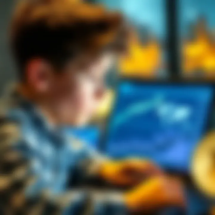 A 15-year-old boy looking at a laptop with cryptocurrency charts and graphs, showing interest and contemplation.