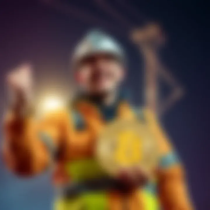 A young lineman joyfully holding a Bitcoin symbol, showcasing his excitement for his financial achievement.