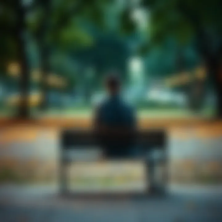 A 27-year-old man sits on a bench in a park, looking introspective and lonely, surrounded by empty spaces where friends might gather.