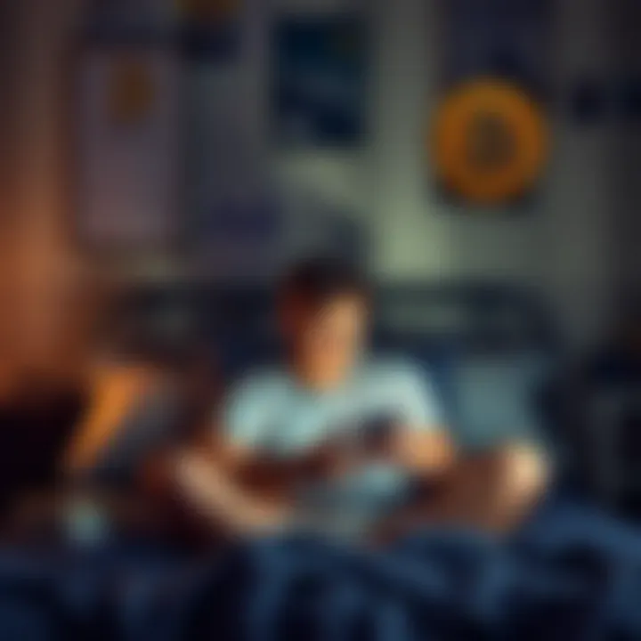 Young man reflecting on missed Bitcoin chance A young man sits on a bed looking at his phone with a thoughtful expression, surrounded by posters and books, symbolizing lost opportunities in investing,