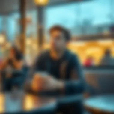 Young man contemplating life choices A 23-year-old man sitting at a cafe, looking thoughtful while holding a coffee, with friends laughing in the background, illustrating the balance between saving money and enjoying life.