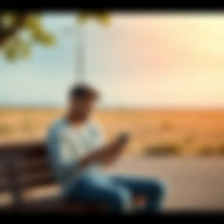 A young man sits on a bench, looking stressed and worried about his finances while holding a smartphone. In the background, a barren plot of land is visible, hinting at potential ideas for monetizatio...